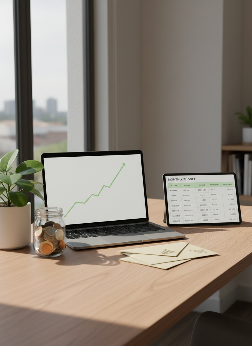 A minimalist wooden desk with a neatly arranged financial planning setup: an open laptop displaying a simple upward-trending line chart, a slim tablet with a monthly budget grid, and a small stack of color-coded envelopes labeled only with subtle icons suggesting saving, investing, and expenses. A glass jar half-filled with assorted coins and a single leafy plant in a matte white pot add texture. The desk sits near a large window in a bright, uncluttered home office. Soft morning sunlight streams in, creating gentle reflections on the laptop screen and casting calm shadows. Photographic realism, shot at eye level with a shallow depth of field, highlighting the workspace while the background fades into a soft, neutral blur. The mood is focused, professional, and quietly optimistic, ideal for a personal finance blog homepage.