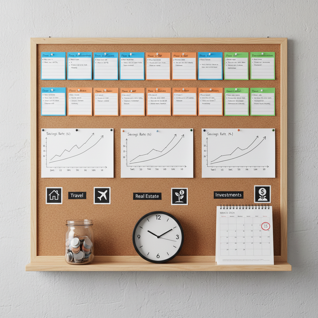 A large, neatly organized corkboard mounted on a light gray wall, filled with visual representations of a FIRE roadmap: color-blocked index cards showing different milestones, simple line graphs indicating rising savings rates, and small printed icons suggesting housing, travel, and investments. At the base of the board, a slim wooden shelf holds a clear jar of coins, a small analog clock, and a minimalist calendar flipped to the current month. Soft diffused daylight from an unseen window illuminates the scene, producing gentle, shadowed depth without harsh contrasts. Photographic realism with an eye-level composition and moderate depth of field keeps the entire board readable while the surrounding wall remains subtly out of focus. The atmosphere is strategic, organized, and forward-looking, embodying long-term financial independence planning.
