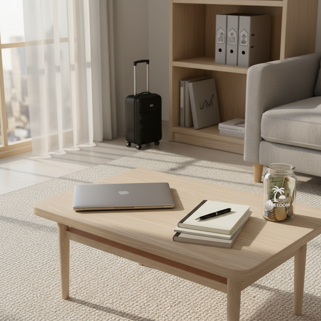 A serene living room scene showcasing early retirement simplicity: a low, light-wood coffee table holding a closed laptop, a slim notebook with a pen, and a tidy stack of financial reports bound with a minimalist clip. Next to them, a small transparent jar with a simple retirement icon printed on it holds a mix of coins and a few folded bills. In the background, a partially packed carry-on suitcase rests beside a bookshelf that contains a few visible binders labeled only with subtle investment-related symbols. Warm golden hour sunlight floods through a large window, casting elongated, soft shadows over a neutral-toned rug. Photographic realism, shot from a slightly elevated corner angle, capturing both table and background. The mood is calm, accomplished, and hopeful, suggesting life after reaching financial independence.